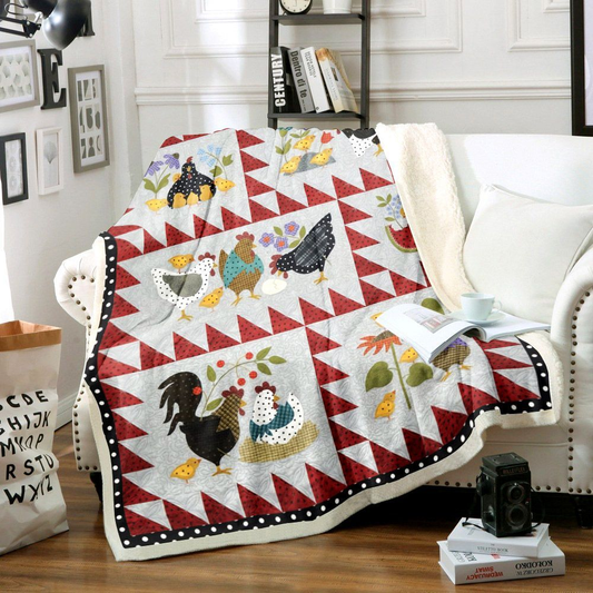 Joycorners Rooster Chickens Block Pattern Blanket