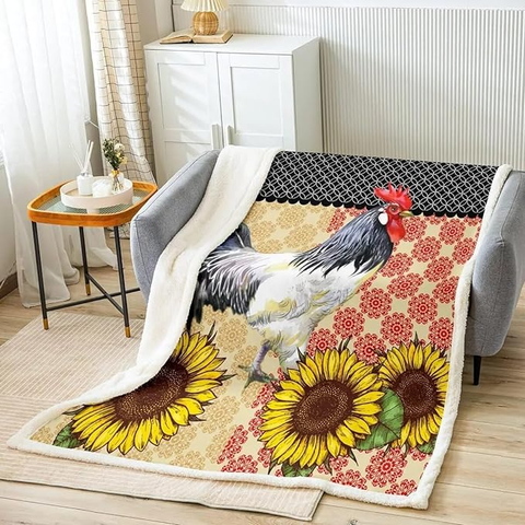 Joycorners Rooster Chickens Sunflower 3D Printed Blanket