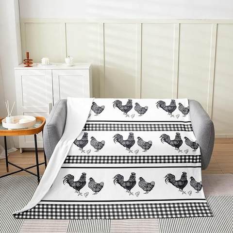 Joycorners Rooster Chickens Black&White Gingham Pattern Blanket