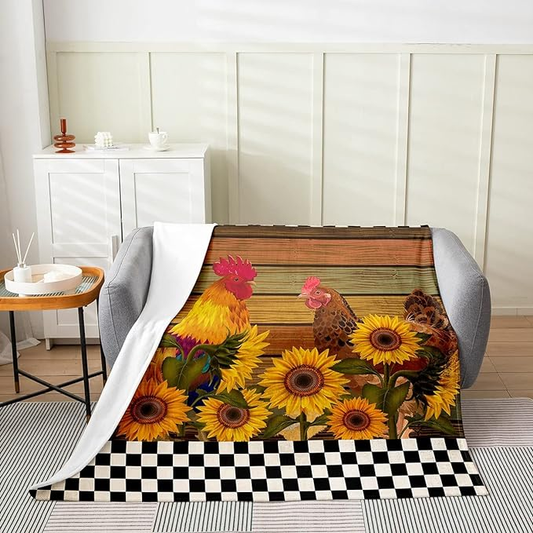 Joycorners Rooster Chickens Sunflower Checkerboard Pattern Blanket
