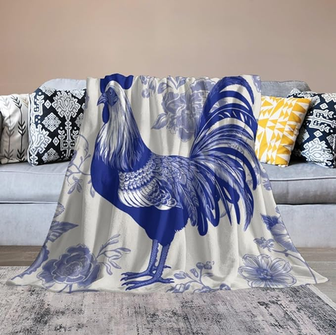 Joycorners Rooster Chickens Navy Flower Pattern Blanket