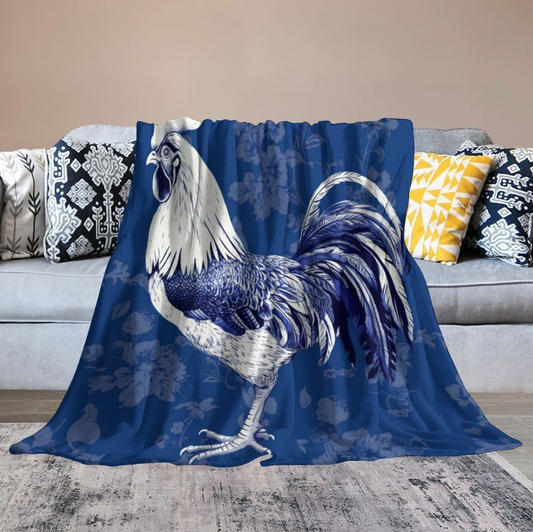 Joycorners Rooster Chickens Navy Flower Pattern Blanket