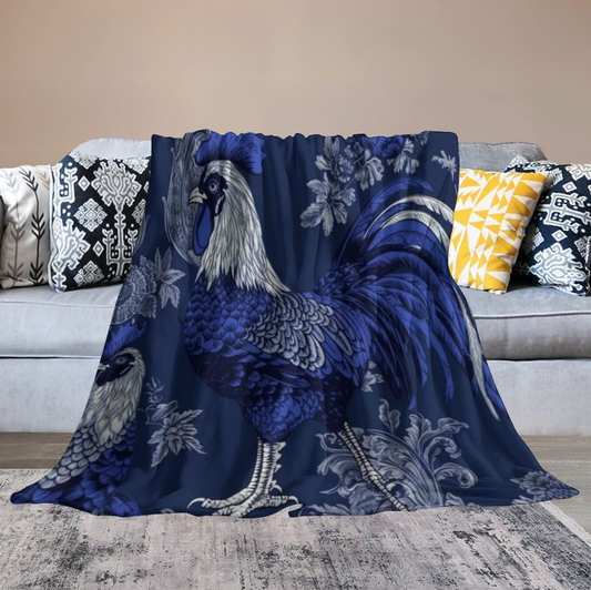 Joycorners Rooster Chickens Navy Flower Pattern Blanket