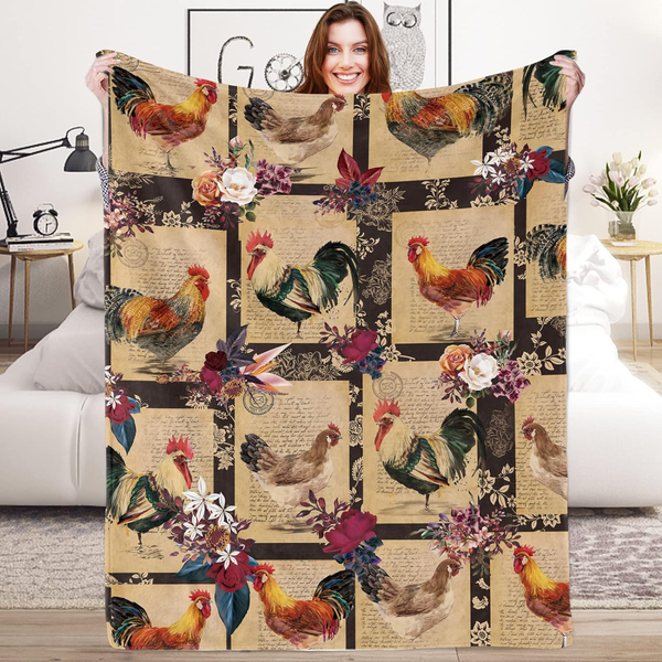 Joycorners Rooster Chickens Letters & Flower Pattern Blanket