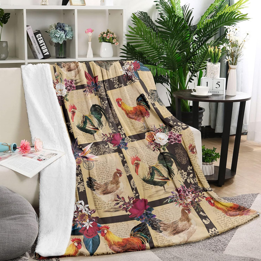 Joycorners Rooster Chickens Letters & Flower Pattern Blanket