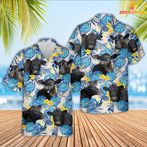 Joy Corners Black Angus Cattle Tropical Blue Palm Leaves Hawaiian Shirt