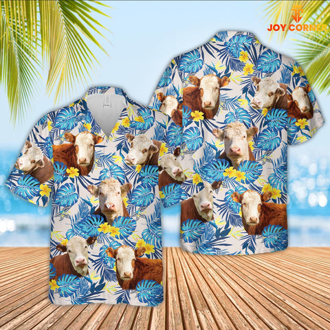 Joy Corners Hereford Cattle Tropical Blue Palm Leaves Hawaiian Shirt