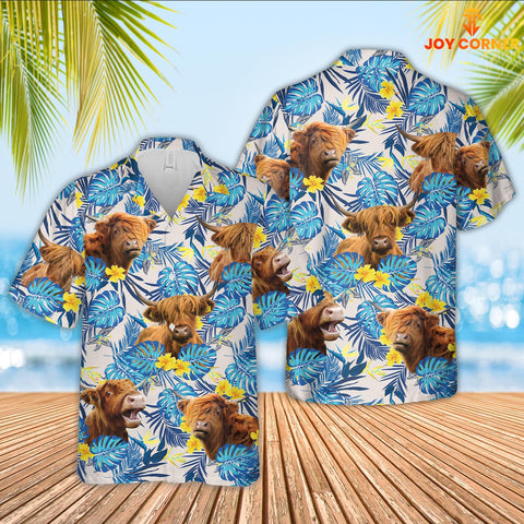 Joy Corners Highland Cattle Tropical Blue Palm Leaves Hawaiian Shirt