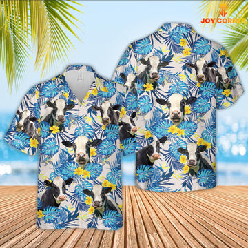 Joy Corners Holstein Cattle Tropical Blue Palm Leaves Hawaiian Shirt