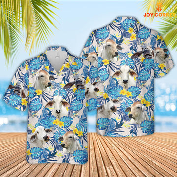 Joy Corners Brahman Cattle Tropical Blue Palm Leaves Hawaiian Shirt