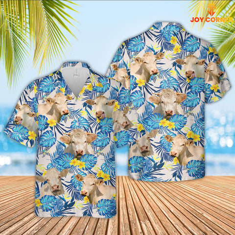 Joy Corners Charolais Cattle Tropical Blue Palm Leaves Hawaiian Shirt