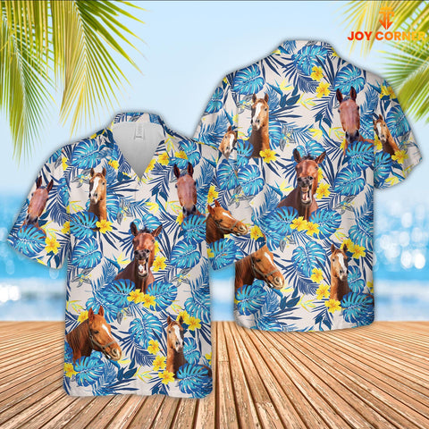 Joy Corners Horse Tropical Blue Palm Leaves Hawaiian Shirt