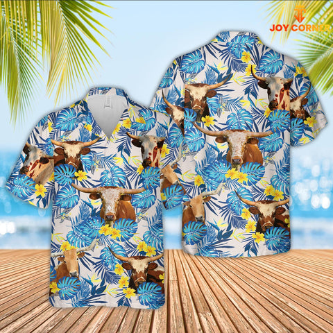 Joy Corners Texas Longhorn Tropical Blue Palm Leaves Hawaiian Shirt
