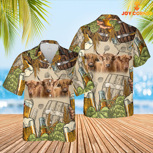 Joy Corners Funny Highland Cattle Beer Pattern Hawaiian Shirt