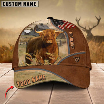 Joycorners Highland Cattle US Flag Customized Name Brown Cap