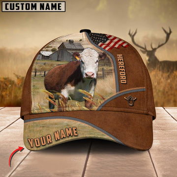 Joycorners Hereford Cattle US Flag Customized Name Brown Cap