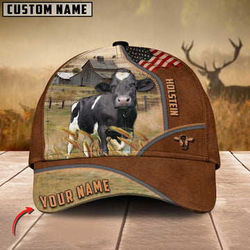 Joycorners Holstein Cattle US Flag Customized Name Brown Cap