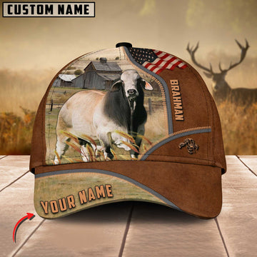 Joycorners Brahman Cattle US Flag Customized Name Brown Cap