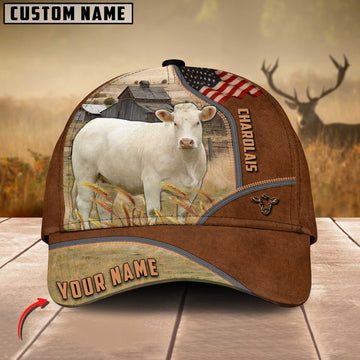 Joycorners Charolais Cattle US Flag Customized Name Brown Cap