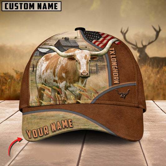 Joycorners Texas Longhorn US Flag Customized Name Brown Cap