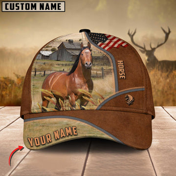 Joycorners Horse US Flag Customized Name Brown Cap