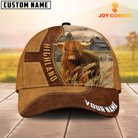 Joycorners Highland Cattle Customized Name Brown Leather Pattern Cap