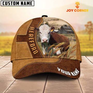 Joycorners Hereford Cattle Customized Name Brown Leather Pattern Cap