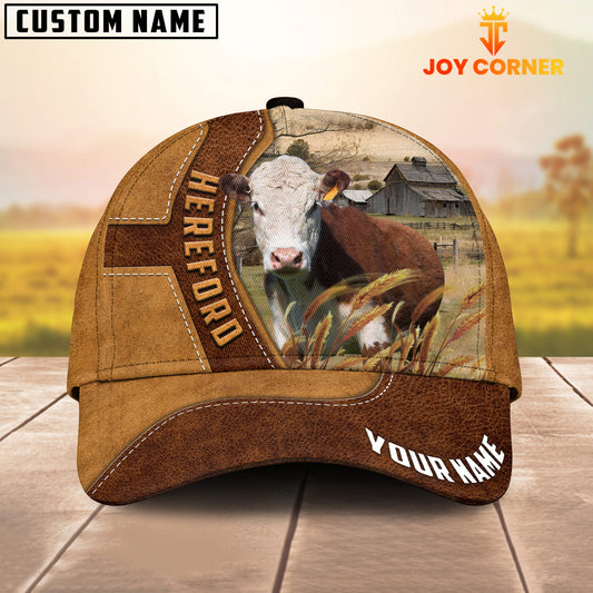 Joycorners Hereford Cattle Customized Name Brown Leather Pattern Cap