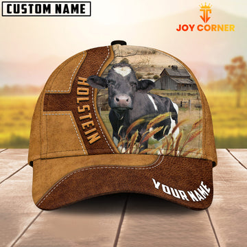 Joycorners Holstein Cattle Customized Name Brown Leather Pattern Cap