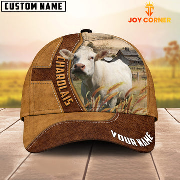 Joycorners Charolais Cattle Customized Name Brown Leather Pattern Cap