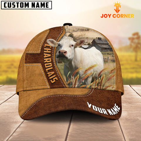 Joycorners Charolais Cattle Customized Name Brown Leather Pattern Cap