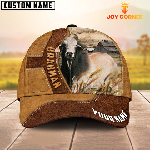 Joycorners Brahman Cattle Customized Name Brown Leather Pattern Cap