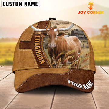 Joycorners Texas Longhorn Customized Name Brown Leather Pattern Cap