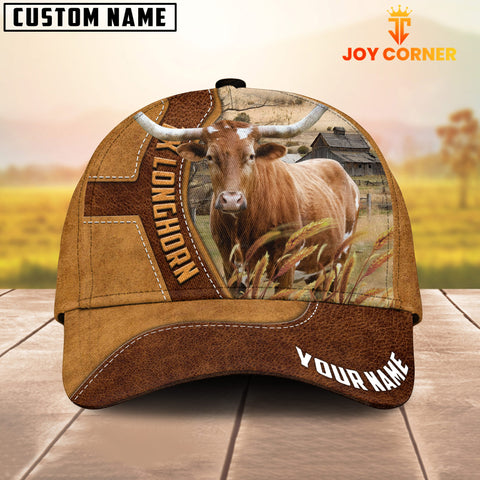 Joycorners Texas Longhorn Customized Name Brown Leather Pattern Cap
