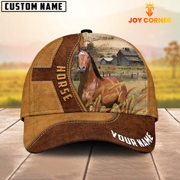 Joycorners Horse Customized Name Brown Leather Pattern Cap