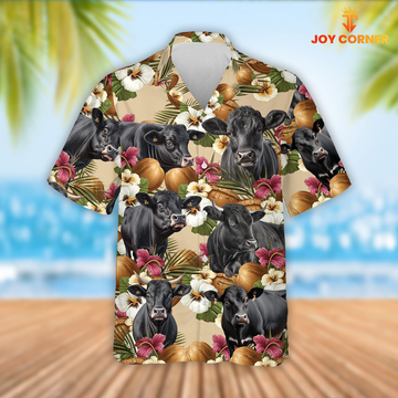 Joy Corners Black Angus Cattle Coconut Tropical Flowers Hawaiian Shirt