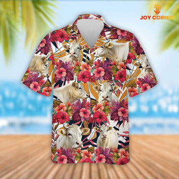 Joy Corners Charolais Cattle Red Hibicus Flowers Hawaiian Shirt