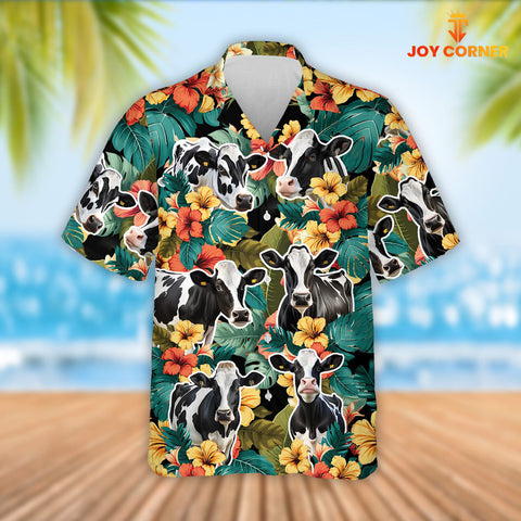Joy Corners Holstein Cattle Tropical Flowers Hawaiian Shirt