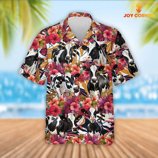 Joy Corners Holstein Cattle Red Hibicus Flowers Hawaiian Shirt