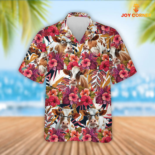 Joy Corners Dexter Cattle Red Hibicus Flowers Hawaiian Shirt