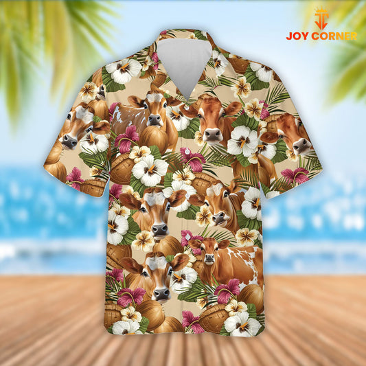 Joy Corners Jersey Cattle Coconut Tropical Flowers Hawaiian Shirt