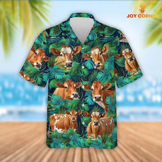 Joy Corners Jersey Cattle Tropical Leaves Hawaiian Shirt