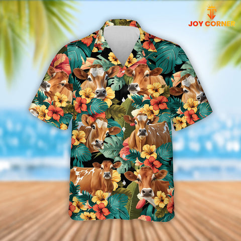 Joy Corners Jersey Cattle Tropical Flowers Hawaiian Shirt
