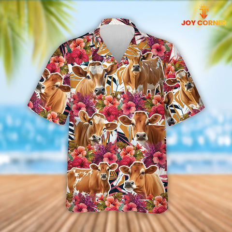 Joy Corners Jersey Cattle Red Hibicus Flowers Hawaiian Shirt
