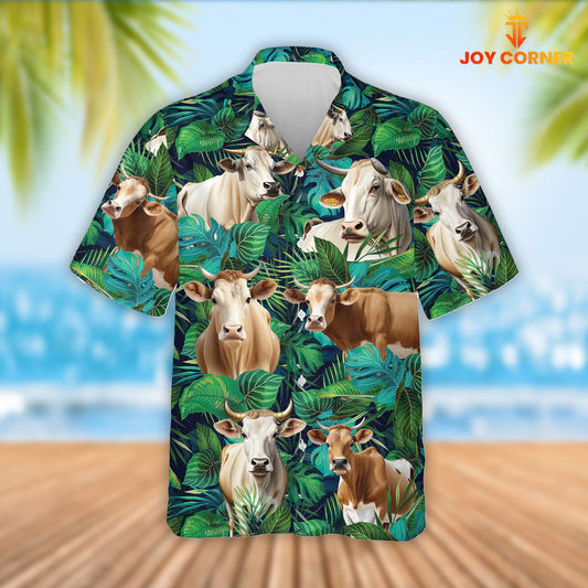 Joy Corners Brahman Cattle Tropical Leaves Hawaiian Shirt