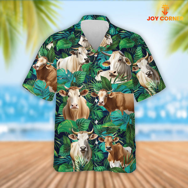 Joy Corners Brahman Cattle Tropical Leaves Hawaiian Shirt