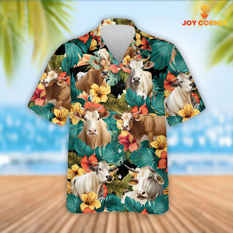 Joy Corners Brahman Cattle Tropical Flowers Hawaiian Shirt