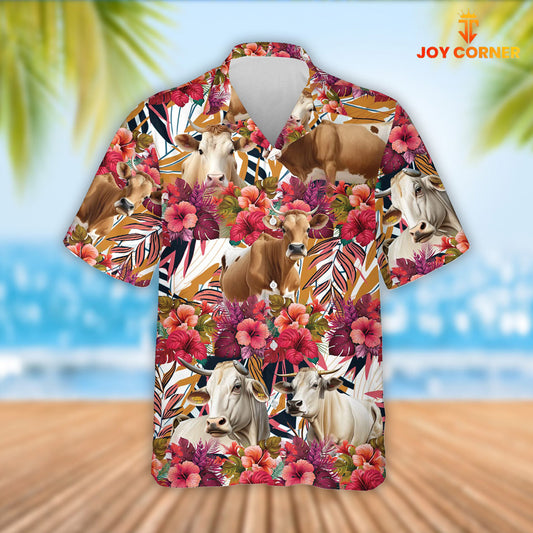 Joy Corners Brahman Cattle Red Hibicus Flowers Hawaiian Shirt