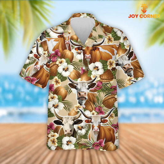 Joy Corners Texas Longhorn Cattle Coconut Tropical Flowers Hawaiian Shirt