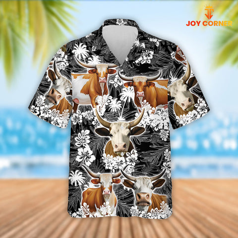 Joy Corners Texas Longhorn Cattle Palm Tree Pattern Hawaiian Shirt